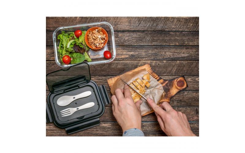 Szklany lunch box ze sztućcami 1000 ml Lagos, czarny